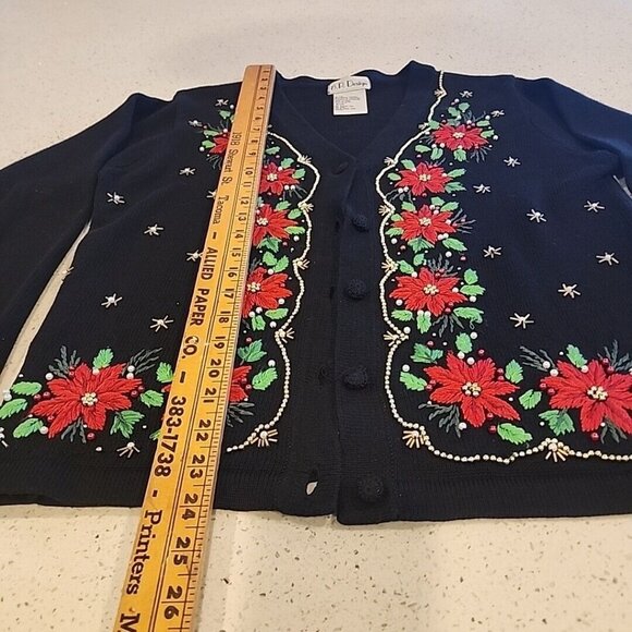 Embellished Christmas Button-up Cardigan Sweater Black Beaded Embroidery - Picture 6 of 8